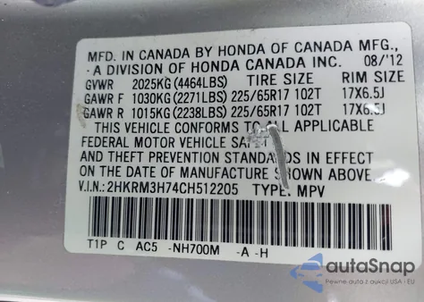 2012 Honda Cr-V Ex-L z USA, uszkodzony, nr VIN 2HKRM3H74CH512205